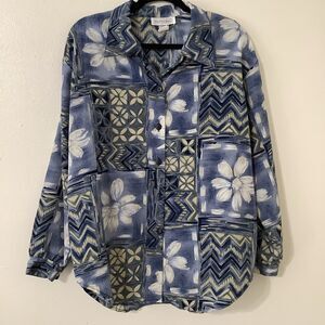 Vintage 90s Blue Tropical Hawaiian Vacation Oversized Boho Button Up Shirt Sz 14
